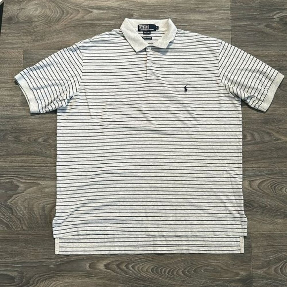 Polo Ralph Lauren Large Striped Pima Cotton Polo Shirt Gray Navy Embroidered Pon
